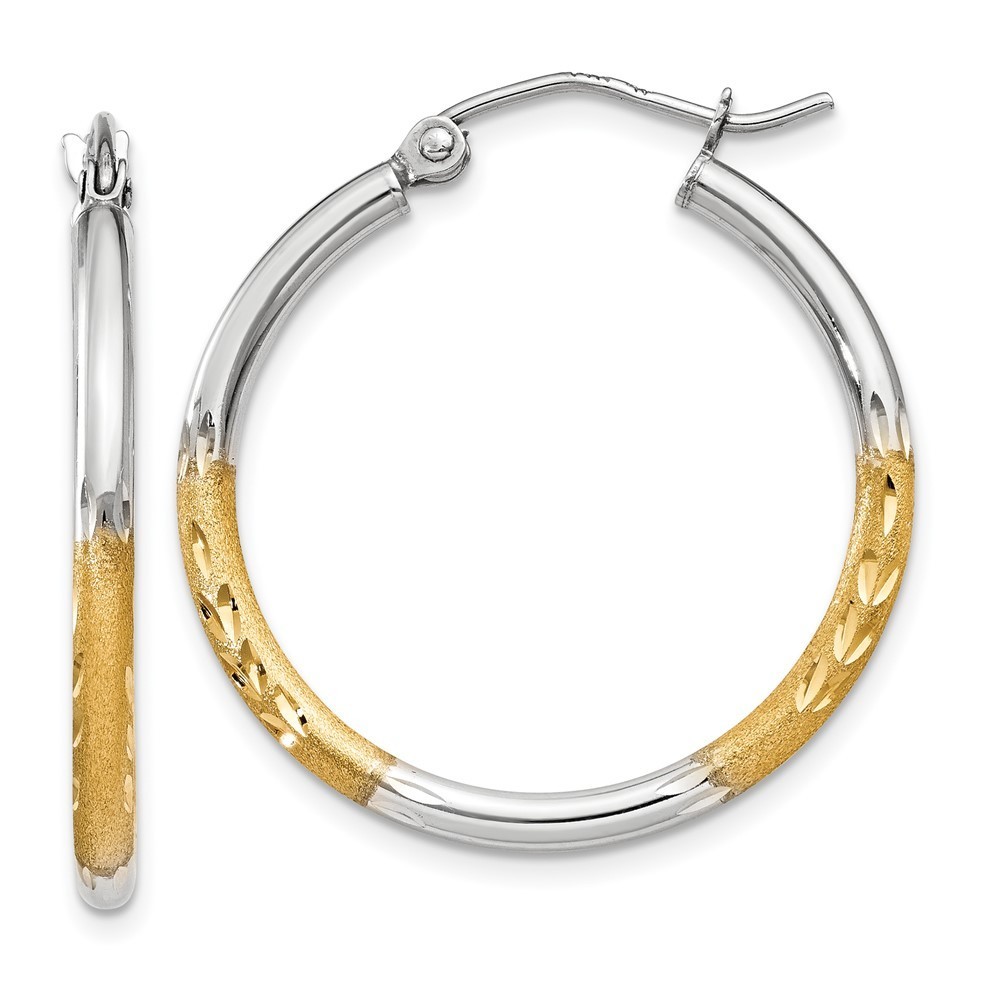 14k Yellow Gold White Rhodium 2mm Satin & Diamond-Cut Hoop Earring 20 L X 2 Mm W